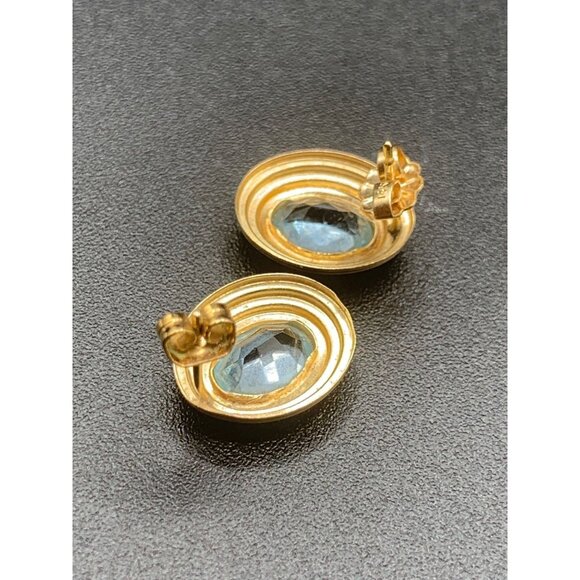 Vintage Blue Topaz Earrings 14k Gold Triple Oval Shaped Studs Statement Earrings - Picture 5 of 7